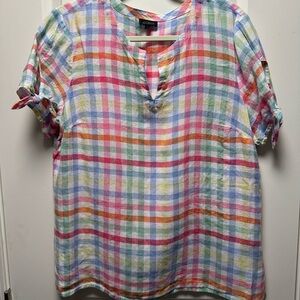 Talbots Linen Multicolor Plaid Blouse